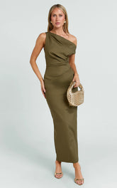 Alexandria Midi Dress - Tip Shoulder Draped Fitted Dress in Olive