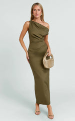 Alexandria Midi Dress - Tip Shoulder Draped Fitted Dress in Olive