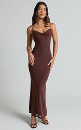 Ariel Midi Dress - Mesh Bodycon Tie Detail Dress in Chocolate
