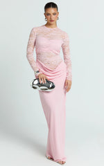 Crisanta Maxi Dress - Long Sleeve Contrast Lace Bodycon Dress in Pink