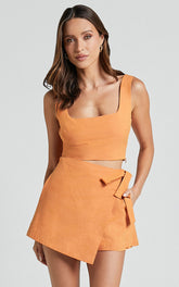 Polina Two Piece Set - Linen Square Neck Crop Top and Tie Waist Skort Set in Orange