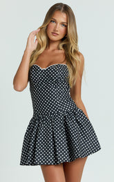 Tatiana Mini Dress - Sweetheart Corset Gathered Drop Waist Dress in Black