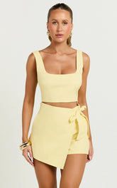 Polina Two Piece Set - Linen Square Neck Crop Top and Tie Waist Skort Set in Lemon