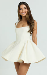 Kailee Mini Dress - Wide Strap Square Neck Fit And Flare Tulip Dress in Cream