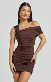 Meadow Mini Dress - Asymmetrical Off Shoulder Jersey Ruched Dress in Chocolate