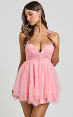 Gwen Mini Dress - Sweetheart Neck Cross Tie Back Shift Dress in Pink