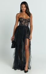 Harley Maxi Dress - Lace Strapless Fit And Flare Dress with Detachable Skirt in Black