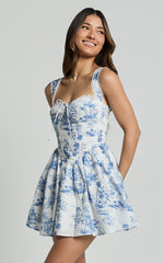 Idris Mini Dress - Lace Trim Corset Lace Up Back Dress in Toile De Jouy Print