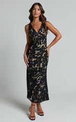 Zymae Midi Dress - Deep V Neck Lace Slip Dress in Black