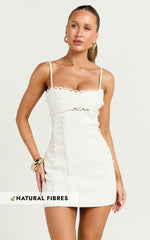 Gigi Mini Linen Dress - Sweetheart Tie Back Scallop Detail Dress in Off White