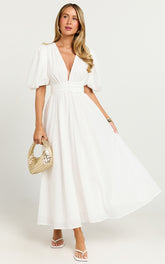 Xandy Midi Dress - Textured Puff Sleeve Plunge Dress in White