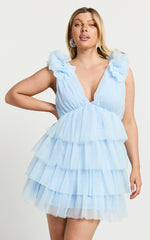 Hayden Mini Dress - Low Back Tulle Tiered Dress in Light Blue
