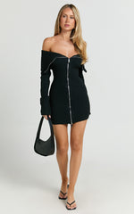 Madeline Mini Dress - Folded Off Shoulder Double Zip Front Knit Dress in Black