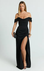 Marcel Maxi Dress - Off Shoulder Corset High Split Dress in Black