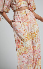 Amalie The Label - Aldina Linen Blend High Waisted Belted Straight Leg Pants in Morocco Print