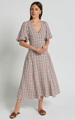 Jameela Midi Dress - V Neck Short Puff Sleeve Godet A Line Smock Dress in Chocolate Gingham