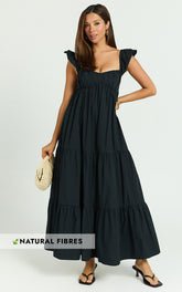 Brienne Midi Dress - Flutter Sleeve Tie Back Dress in Black
