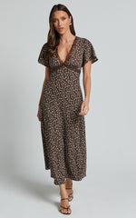 Vanya Midi Dress - V Neck Short Sleeve Lace Trim Tie Back Slip Dress in Chocolate Floral