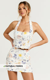 Hera Two Piece Set - Linen Square Neck Halter Vest Top And Mini Skirt Set in Soleil Print