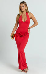 Heath Maxi Dress - Scoop Halter Neck With Drape Front Skirt Back Split Dress in Red
