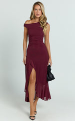 Judee Midi Dress - One Shoulder High Side Split Dress in Wine