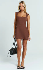Sakura Mini Dress - Square Neck Wide Strap Corset Waist A Line Skirt Dress in Chocolate