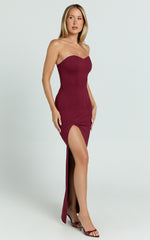 Oriella Maxi Dress - Panelled Thigh Split Strapless Dress in Wine