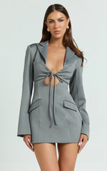Jamaica Mini Dress - Cut Out Ruched Tie Front Fitted Blazer Dress in Grey