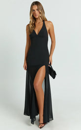Lauren Maxi Dress - Plunge Halterneck High Split Dress in Black