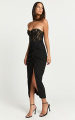 Janet Midi Dress - Strapless Sweetheart Draped Skirt Dress in Black