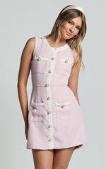 River Mini Dress - Boucle Button Through A Line Dress in Light Pink