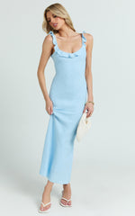 Jenkins Midi Linen Dress - Scoop Frill Neck A Line Dress in Light Blue