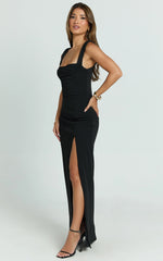 Donna Maxi Dress - Cowl Neck Column High Split Dress in Black
