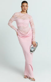 Crisanta Maxi Dress - Long Sleeve Contrast Lace Bodycon Dress in Pink