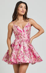 Helina Mini Dress - Strappy Plunge Jacquard Dress in Light Pink