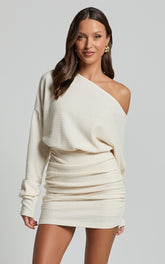 Alyce Mini Dress - Long Sleeve One Shoulder Dress in Off White