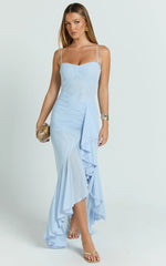 Brionna Midi Dress - Lace Neck Ruched Ruffle Hem Dress in Blue