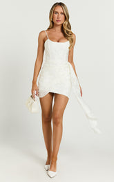 Laine Mini Dress - Jacquard Draped Dress in White