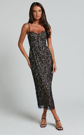 Makenzie Midi Dress - Strappy Corset Lace Slip Dress in Black