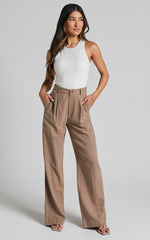 Larissa Trousers - Linen Mid Waisted Relaxed Straight Leg Trousers in Mushroom
