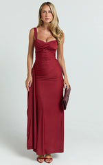 Roxanne Maxi Dress - Sweetheart Neck Gathered Bodycon Dress in Red