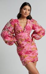 Farrah Mini Dress - Plunge Neck Long Sleeve Bodycon Dress in Pink