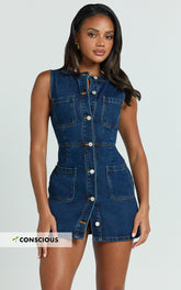 Stephanie Mini Dress - Scoop Neck Pocket Detail Recycled Denim Dress in Indigo Wash