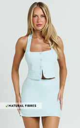 Hera Two Piece Set - Linen Square Neck Halter Vest Top And Mini Skirt Set in Blue