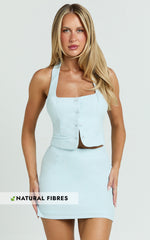 Hera Two Piece Set - Linen Square Neck Halter Vest Top And Mini Skirt Set in Blue