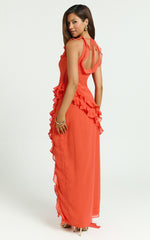 Palmer Maxi Dress - Ruffle Strap High Split Dress in Orange