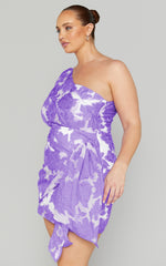 Brailey Mini Dress - One Shoulder Wrap Front Dress in Purple Jacquard
