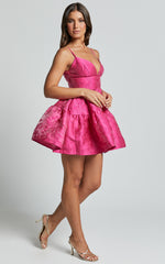 Britany Mini Dress - V Neck Tiered Strappy Tiered Fit and Flare Dress in Fuchsia