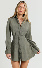 Whitney Mini Dress - Linen Long Sleeve Shirt Dress in Grey Keisha Stripe