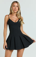 Samara Mini Dress - V Neck Fit And Flare Pleated Dress in Black